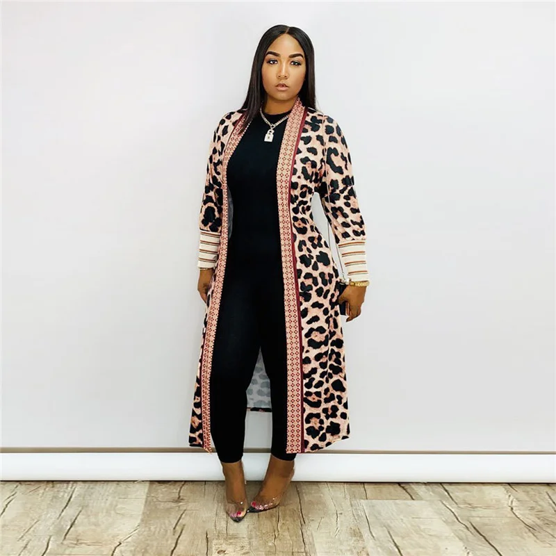 Women Fashion Leopard Print Long Sleeve Cardigan Coat Toggled Drawstring Belted