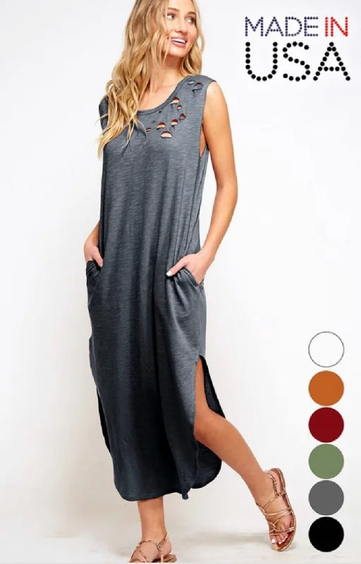 Tank Top Maxi Dress w/Side Slits Charcoal white tank top