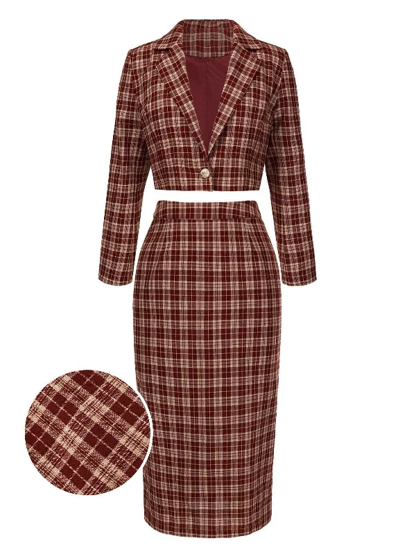 2PCS Red 1960s Plaid Lapel Short Coat & Slit Skirt Cardigan Sweater Pullover