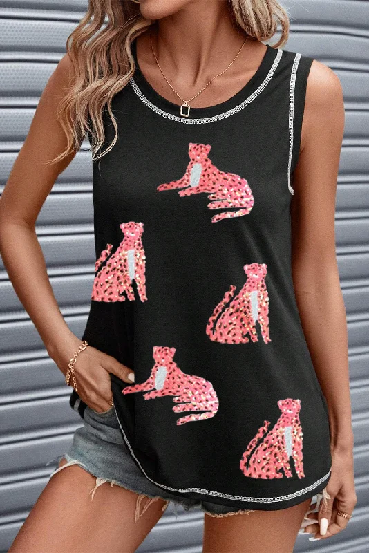 Black Sequin Cheetah Round Neck Stitching Loose Tank Top lightweight tank top
