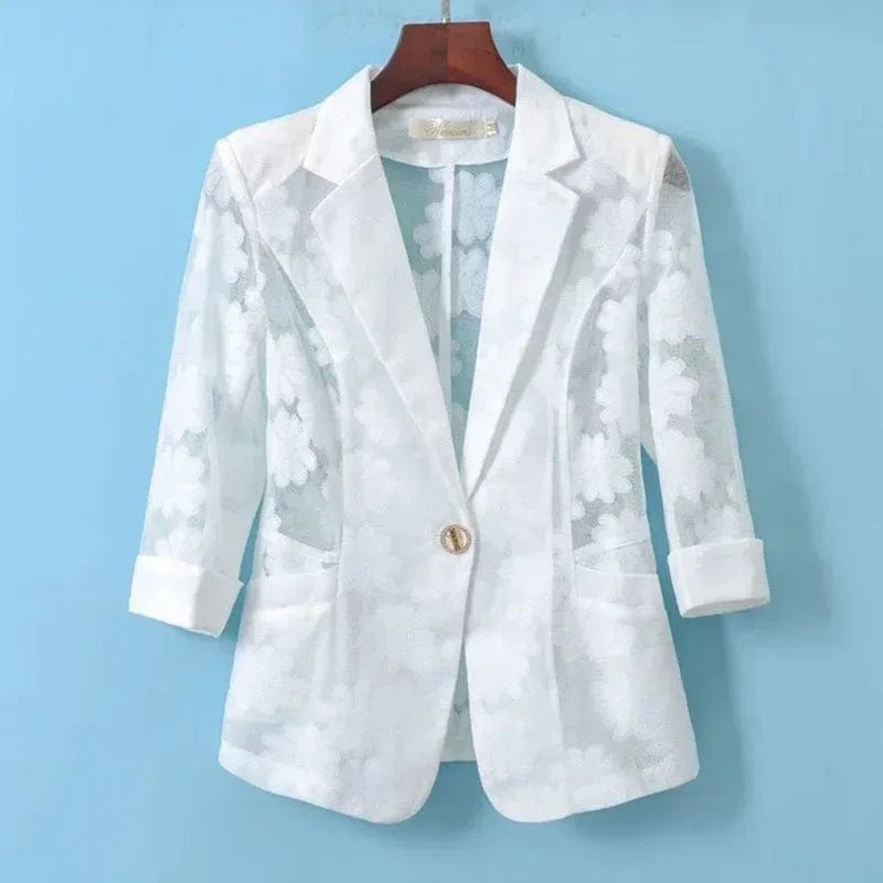 Women Blazer Jacket Spring Summer New Thin Cardigan Sun Protection Clothing Hollow Lace Three-quarter Sleeve Suit Top Ladies Chenille Fabric Brocade Fabric Lace Fabric Women Blazer Jacket Spring Summer New Thin Cardigan Sun Protection Clothing Hollow Lace Three-quarter Sleeve Suit Top Ladies Chenille Fabric Brocade Fabric Lace Fabric
