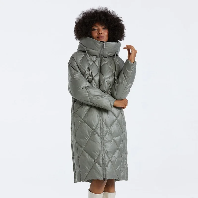 Colles -  Hooded  Quilted Long Coat Tailored Straight A-Line