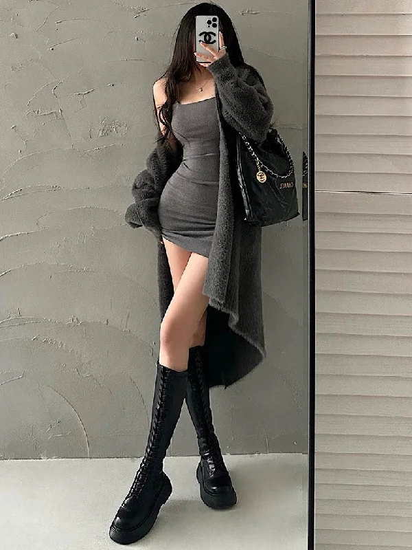 Saniya Solid Color Slim Square Neck Sleeveless Mini Dress Long Sleeve Fleece Cardigan Set Striped Floral Plaid Saniya Solid Color Slim Square Neck Sleeveless Mini Dress Long Sleeve Fleece Cardigan Set Striped Floral Plaid