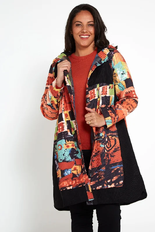 Bicheno Corduroy Coat - Black/Rust Trim Padded Insulated