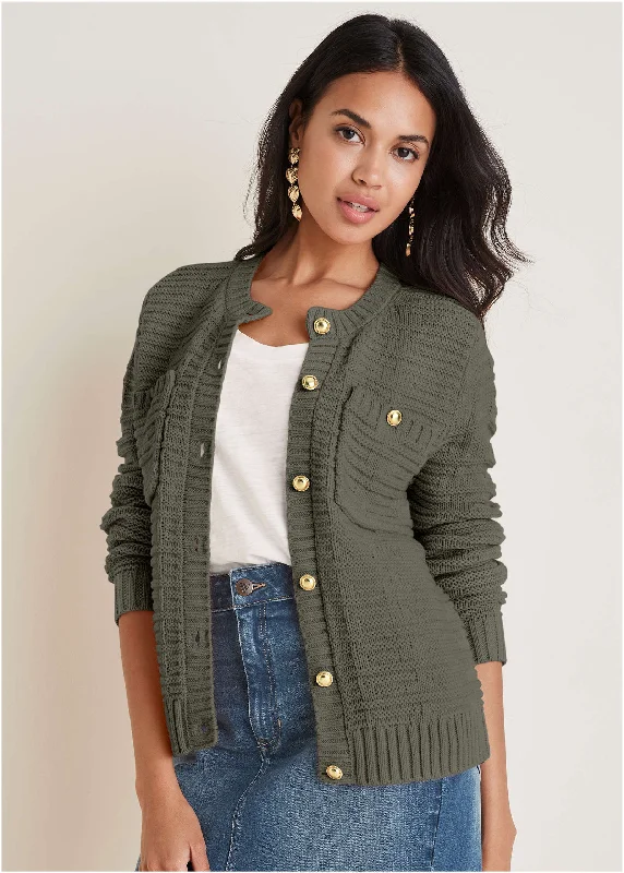 Button Detail Cardigan - Olive Solid Color Striped Floral Print