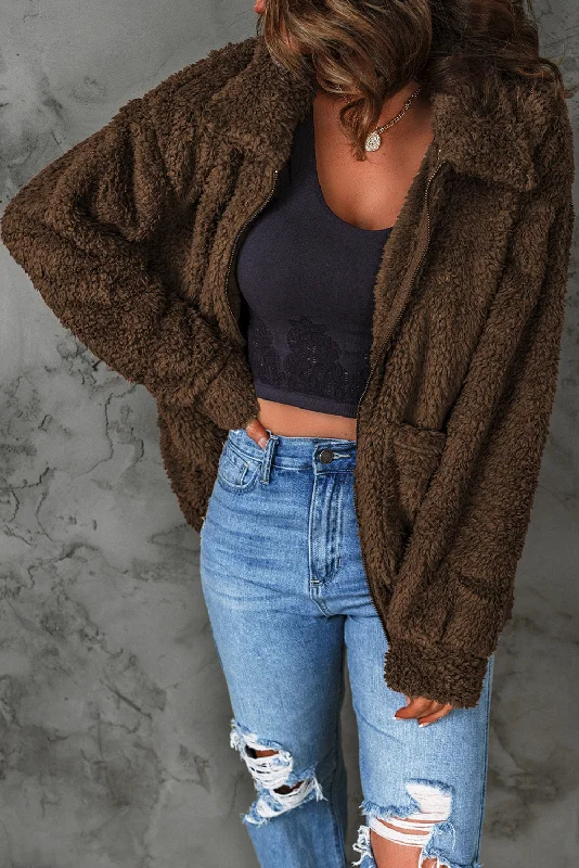 Winter Zip-Up Coat Welt Pockets Slit Pockets Flap Pockets