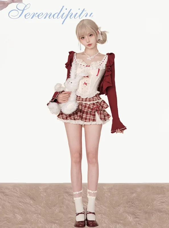 Flared Sleeve Ruffle Short Cardigan & Girly Ribbon Ruffle Top & Layered Ruffle Mini Plaid Skirt SER0037 Satin Blend Silk Blend Wool Blend Flared Sleeve Ruffle Short Cardigan & Girly Ribbon Ruffle Top & Layered Ruffle Mini Plaid Skirt SER0037 Satin Blend Silk Blend Wool Blend