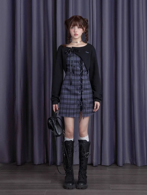 Blueberry Purple Checkered Dress/Black Short Cardigan SAG0193 Hooded Caped Shawl Collar Blueberry Purple Checkered Dress/Black Short Cardigan SAG0193 Hooded Caped Shawl Collar