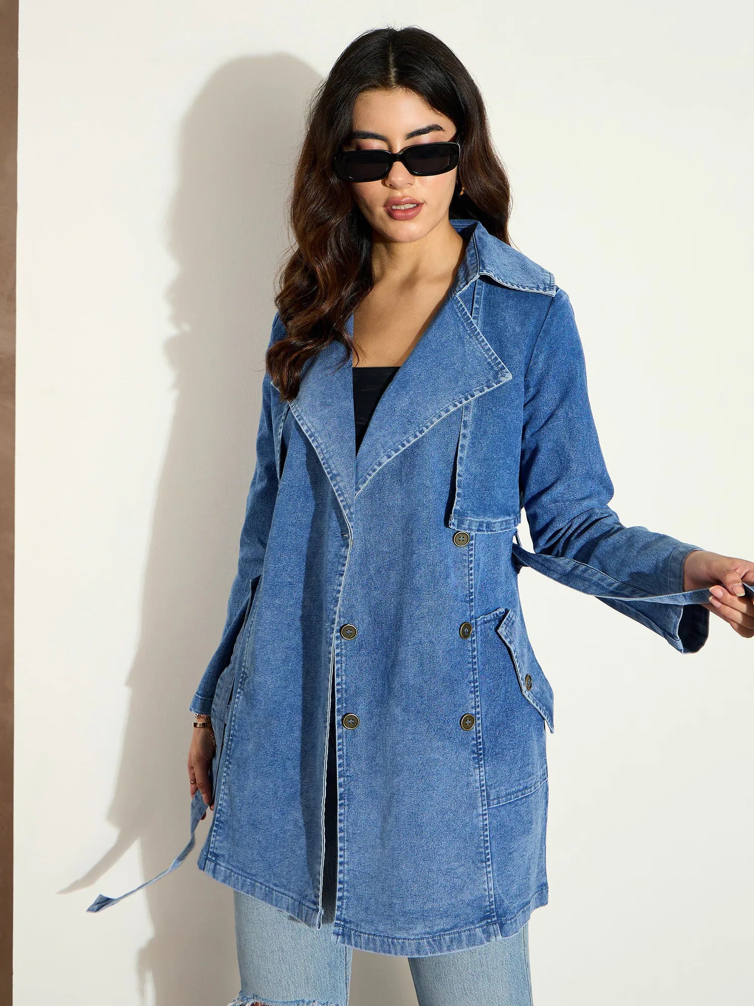 Women Blue Washed Denim Trench Coat-SFJCKT6977 Suede Jacket Faux Fur Jacket Puffer Jacket