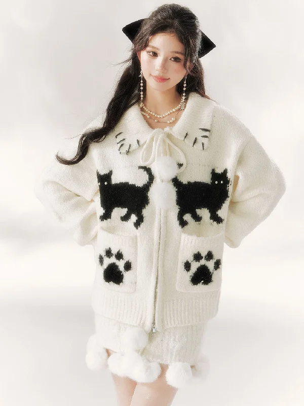 Cat Designe Ball Decorated Sweater Cardigan/Skirt BBB0100 Velvet Chenille Corduroy
