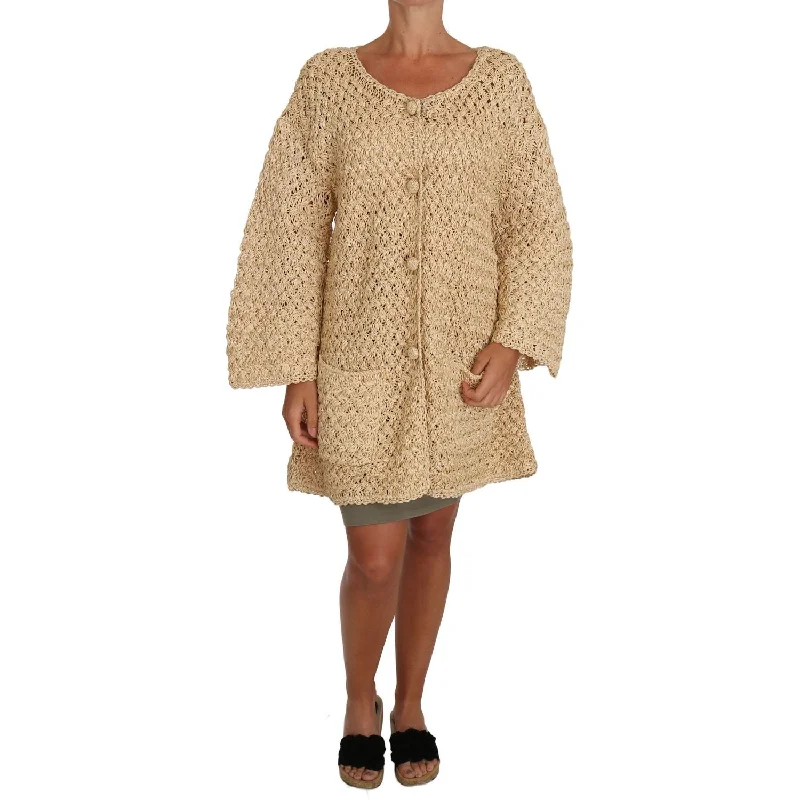 Dolce & Gabbana Chic Beige Crochet Knitted Raffia Cardigan Satin Blend Silk Blend Wool Blend Dolce & Gabbana Chic Beige Crochet Knitted Raffia Cardigan Satin Blend Silk Blend Wool Blend