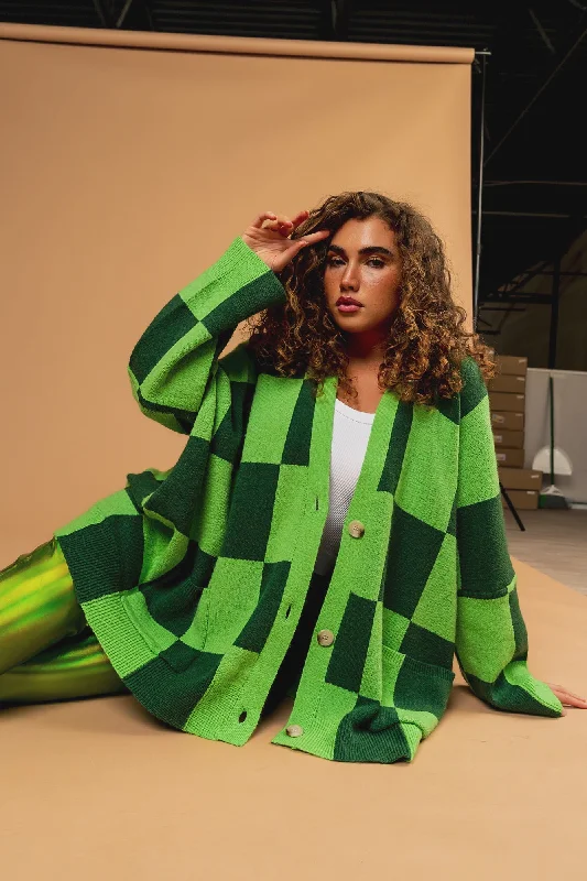 Love You Oversized Checkerboard Cardigan in Green on Green Nylon Fabric Polyester Fabric Spandex Fabric Love You Oversized Checkerboard Cardigan in Green on Green Nylon Fabric Polyester Fabric Spandex Fabric