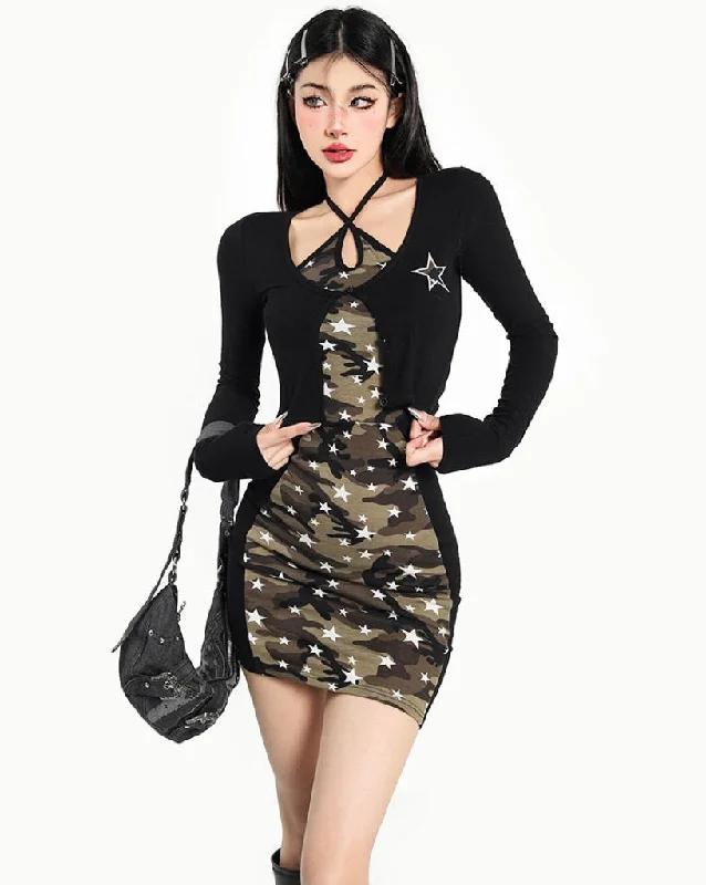Harley Black Patchwork Camouflage Star Print Slim Halter Slim Mini Dress Solid Color Black Cardigan Matching Set Hooded Caped Shawl Collar