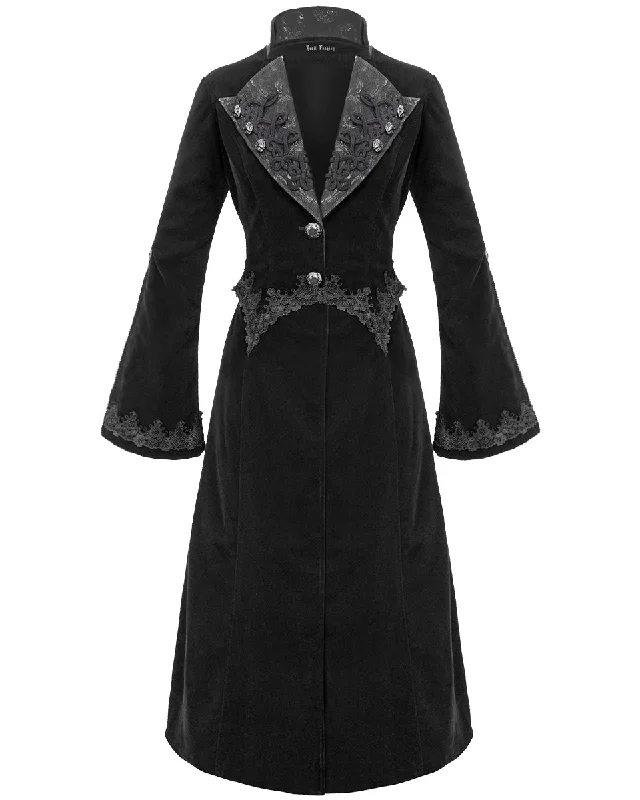 Devil Fashion Death Of Seasons Womens Long Gothic Coat - Black Velvet Elasticated Drawstring Belted