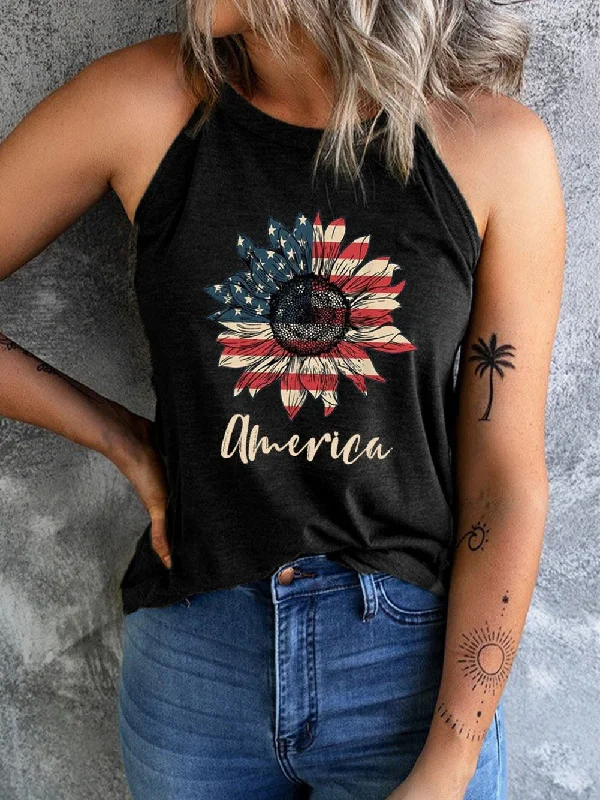 Sunflower Graphic Black Tank Top with American Flag Design flowy tank top