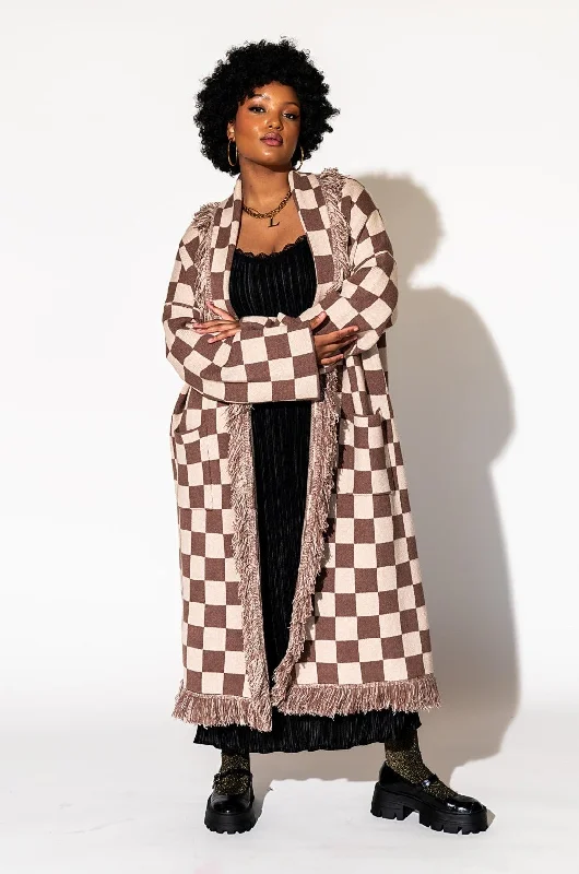 Luxe Fringe Blanket Cardigan in Neutral Check Deliciousness Silk Blend Satin Velvet