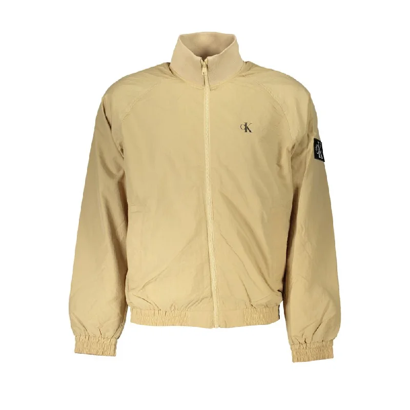 Beige Long Sleeved Sports Jacket Denim Fabric Leather Fabric Suede Fabric