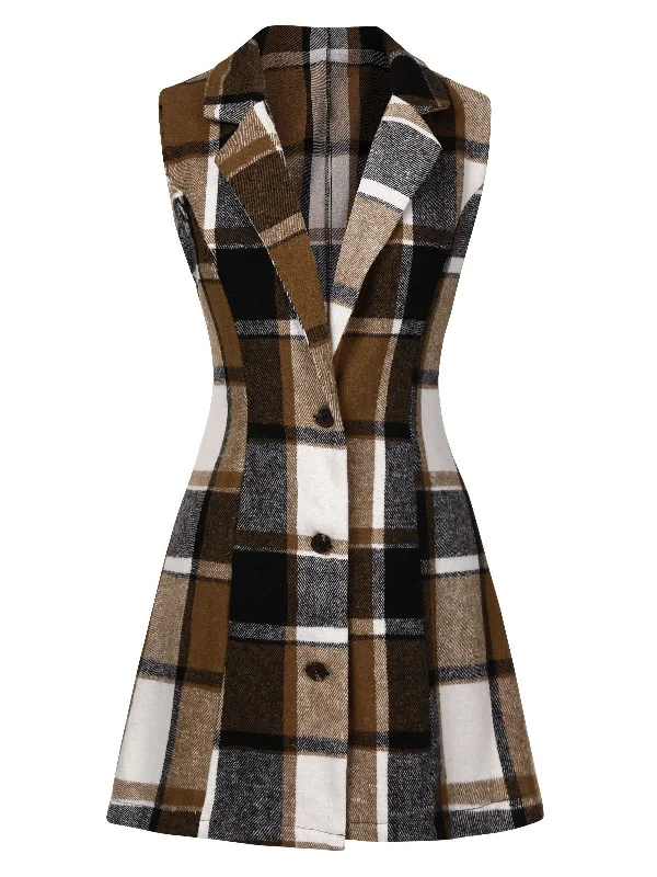 Multicolor 1970s Lapel Plaid Sleeveless Coat Vest Waistcoat Gilet