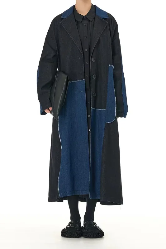 Patchwork Denim Long Trench Coat Three-Quarter Sleeve Elbow Sleeve Wrist Sleeve