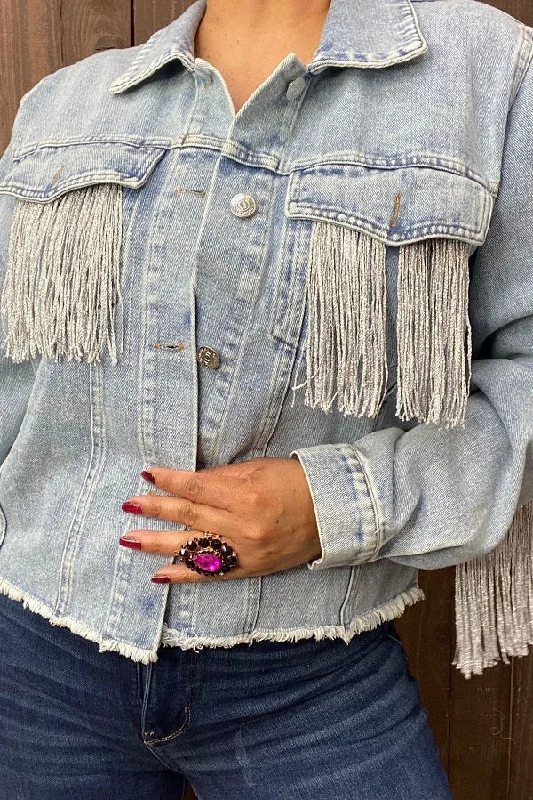 DLH13702 Long sleeve denim women coat with pocket,back with fringe Sleeveless Short Sleeve Long Sleeve