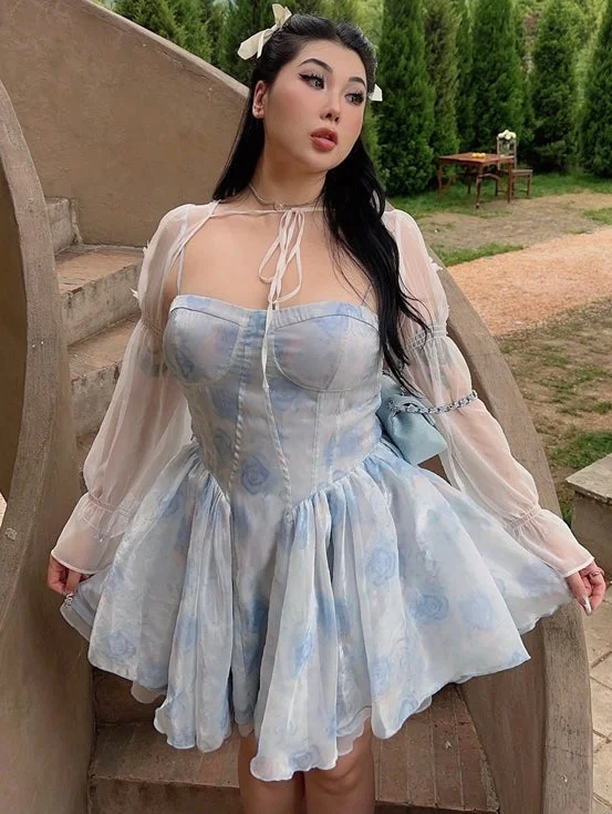 Princess Dolly Summer Blue Sweetheart Plus Size Floral Print Dress + Blue Mesh Cardigan Top Set Casual Formal Business Princess Dolly Summer Blue Sweetheart Plus Size Floral Print Dress + Blue Mesh Cardigan Top Set Casual Formal Business