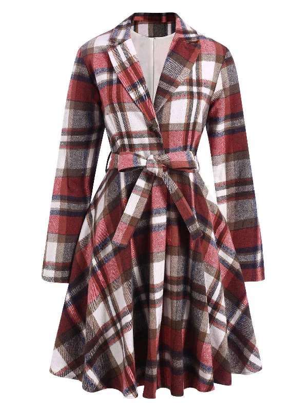 Wine Red 1950s Plaid Belted Midi Coat Down Puffer Quilted