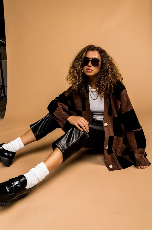 Love You Oversized Checkerboard Cardigan in Mocha + Black Transparent Opaque Sheer