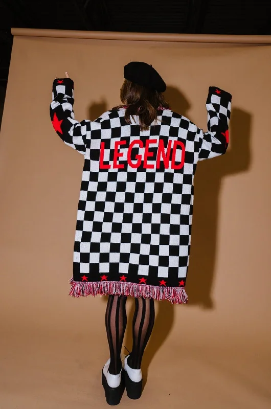 Legend Luxe Fringe Checkered Cardigan Elegant Classic Vintage