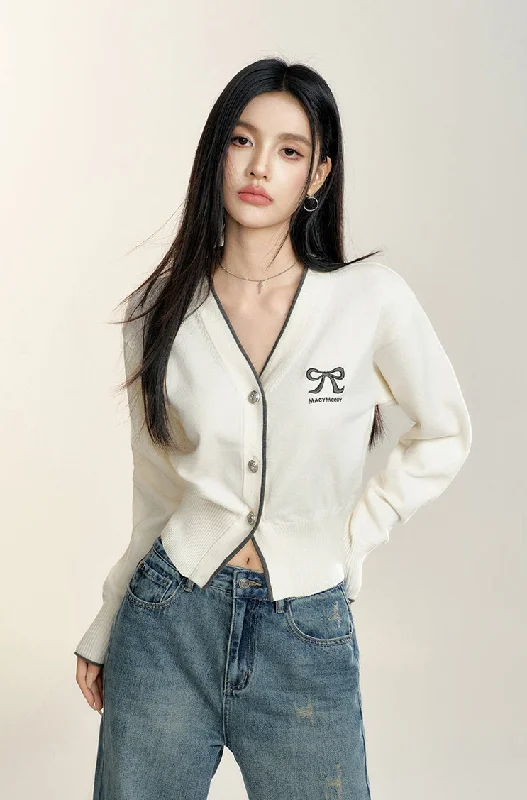 V-neck Bow Knitted Short Cardigan MAC0082 Wool Fabric Cashmere Fabric Tweed Fabric