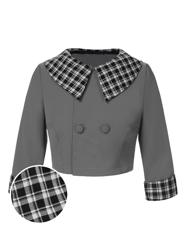 Dark Gray 1950s Lapel Rolled Sleeve Plaid Short Coat Cotton Linen Terry