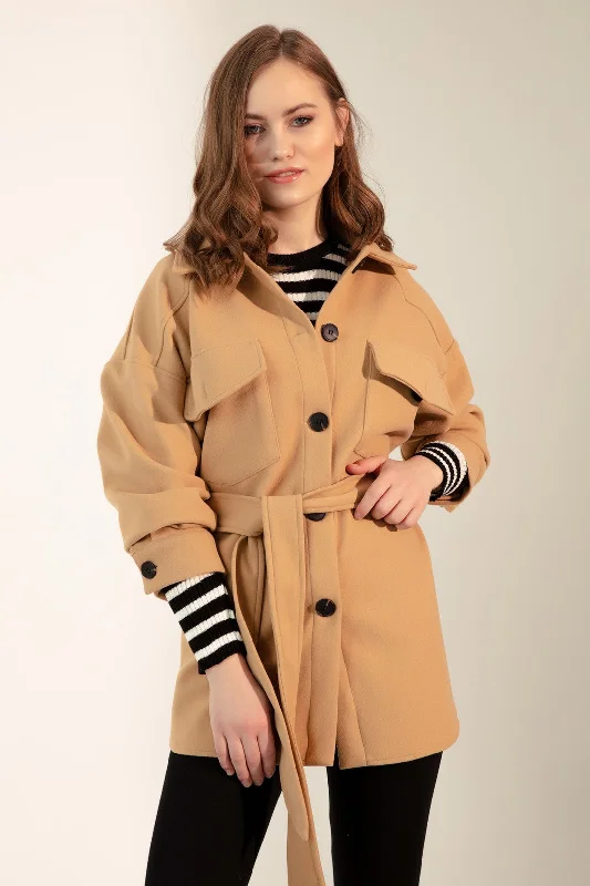 Short Stamp Coat With A Woman Belt Tweed Herringbone Houndstooth