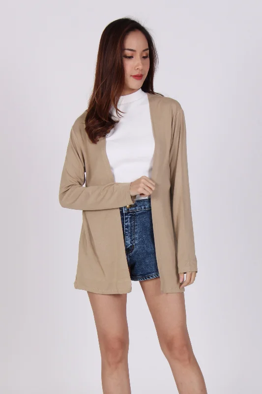 Basic Long Sleeve Cardigan In Beige Polka Dot Checkered Tartan