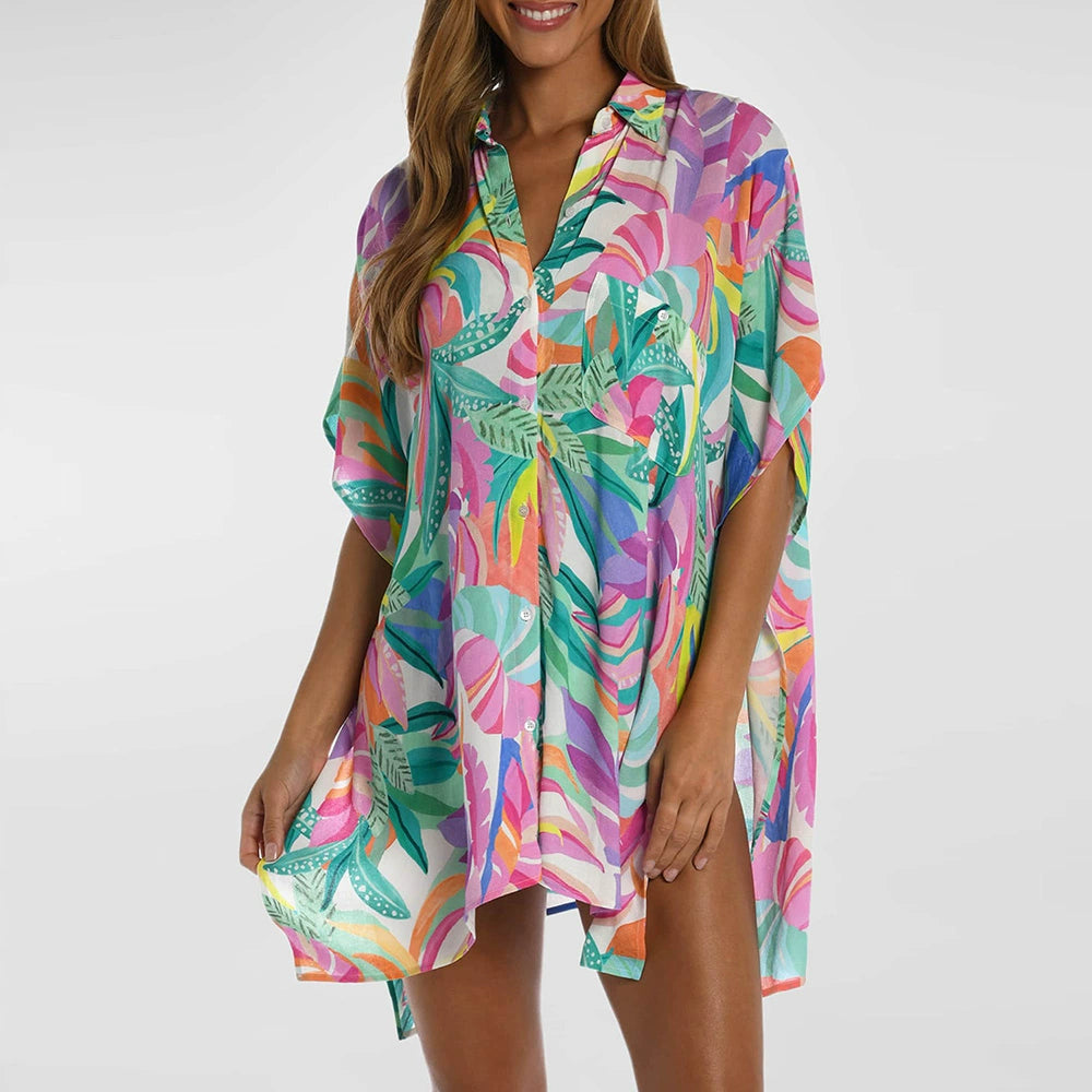 Summer Multi-Color Plant Print Button Half Sleeve Beach Cover-up Fashion Weiyi Style V-neck Double-Breasted Coat for Women Appliqued Beaded Sequined