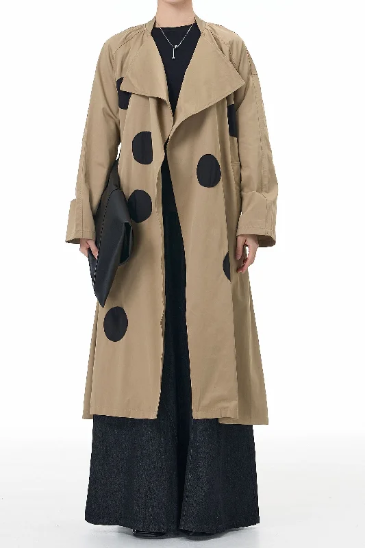 Light Brown Trench Coat With Patch Polka Dot Elasticated Drawstring Belted
