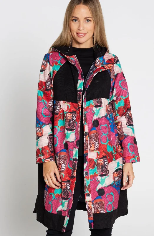 Bicheno Corduroy Coat - Pink Abstract Front Pockets Side Pockets Patch Pockets
