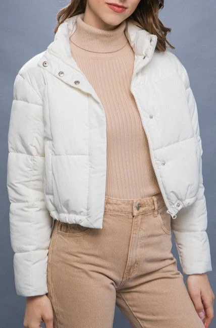 Snap Zip Puffer Jacket Welt Pockets Slit Pockets Flap Pockets