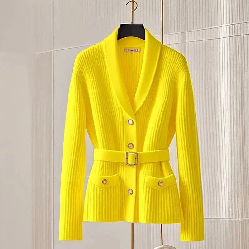 Fashion Chic Yellow Knitted Cardigan Sweater Small Fragrant Women Spring Autumn Top Coat Femal Knitwear Match Belt 2025 NEW Notch Collar Peter Pan Collar Cowl Neck Fashion Chic Yellow Knitted Cardigan Sweater Small Fragrant Women Spring Autumn Top Coat Femal Knitwear Match Belt 2025 NEW Notch Collar Peter Pan Collar Cowl Neck
