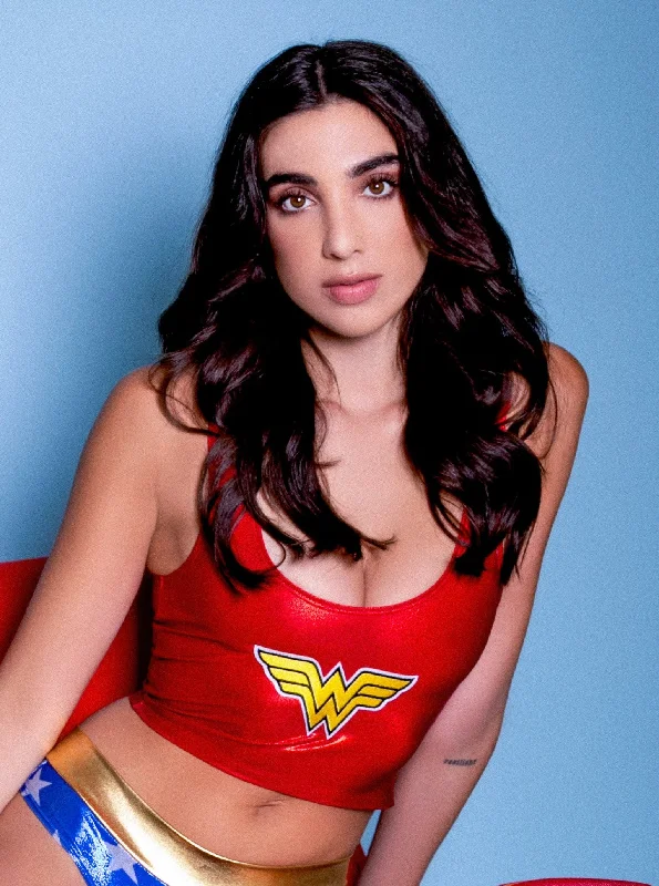 Star Superheroine Crop Tank with W Wing Emblem Patch navy tank top