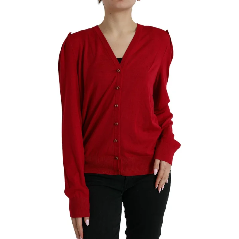 Dolce & Gabbana Elegant Red V-Neck Wool Cardigan Spandex Rayon Corduroy