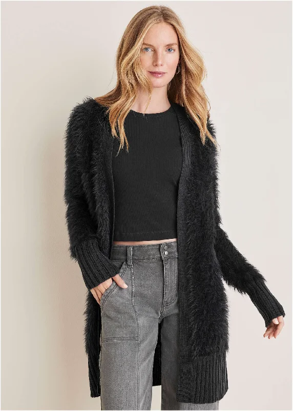 Eyelash Cardigan - Black Nylon Fabric Polyester Fabric Spandex Fabric