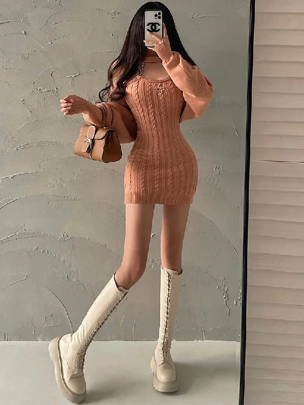 Olivia Solid Color Chain Halter Slim Cardigan Mini Dress Matching Set Notch Collar Peter Pan Collar Cowl Neck Olivia Solid Color Chain Halter Slim Cardigan Mini Dress Matching Set Notch Collar Peter Pan Collar Cowl Neck