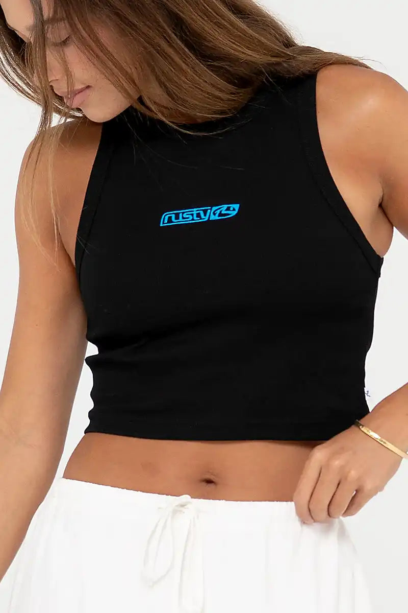 Rusty Women's Contrast Racer Tank in Black cropped tank top