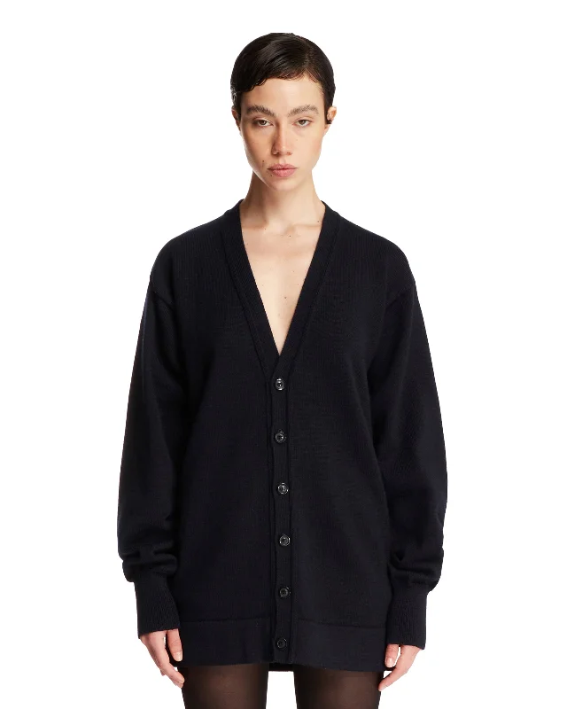 Cardigan Con Scollo A V Blu Cable Knit Ribbed Knit Lace Knit