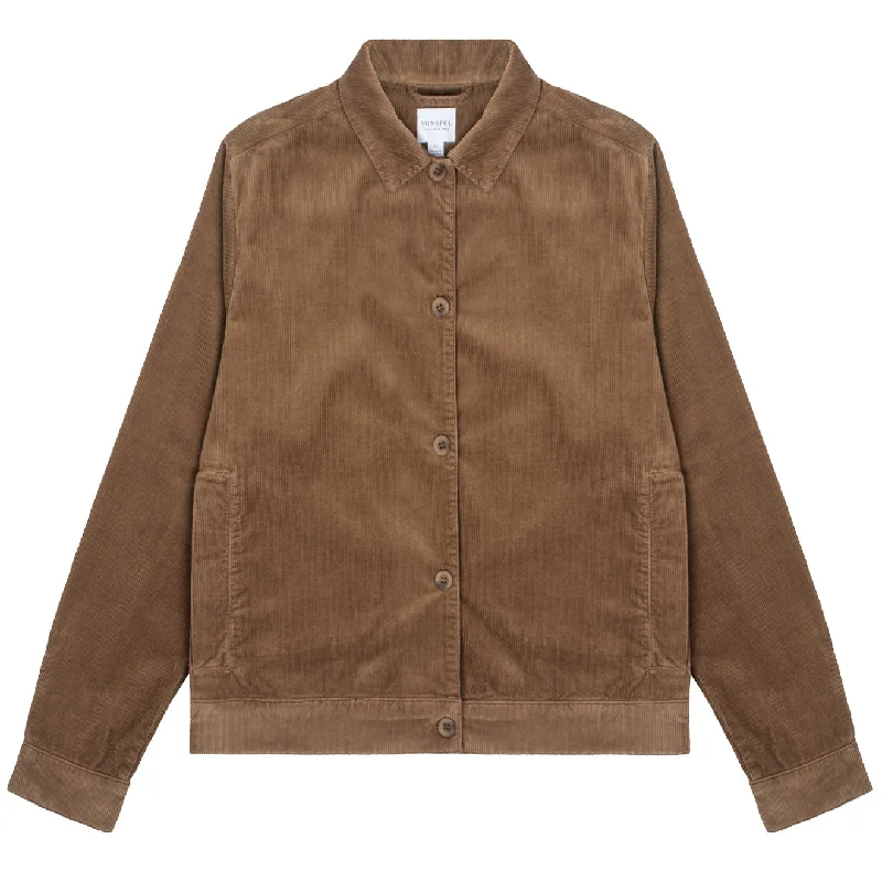 Sunspel Womens Corduroy Boxy Jacket Dark Camel Zip Front Button Front Snap Front