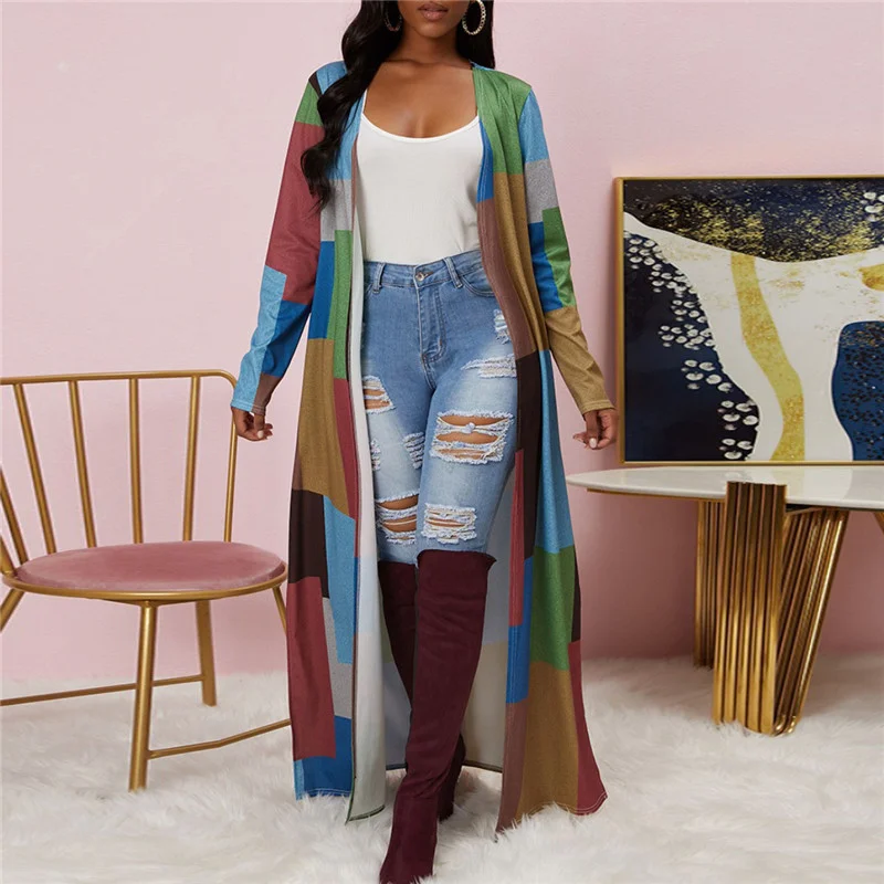 Women Fashion Contrast Color Plaid Print Long Sleeve Cardigan Coat Zippered Buttoned Snapped