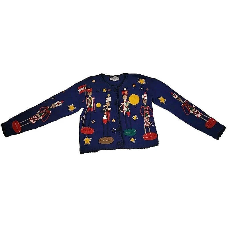 Vintage 90's Segue Toy Soldier Blue Cardigan Medium Embroidered Appliqued Beaded