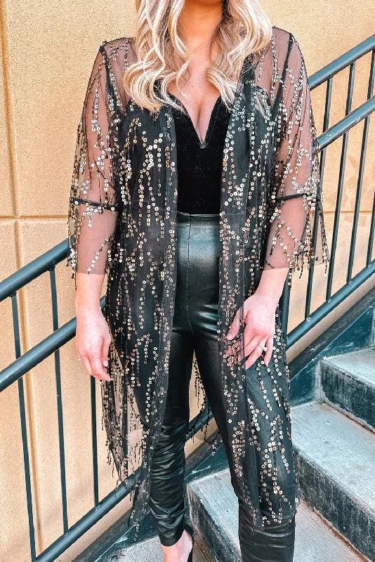 Hazel Blues® | Sequin Open Front Sheer Cardigan Iron Safe Non-Iron Wrinkle Free