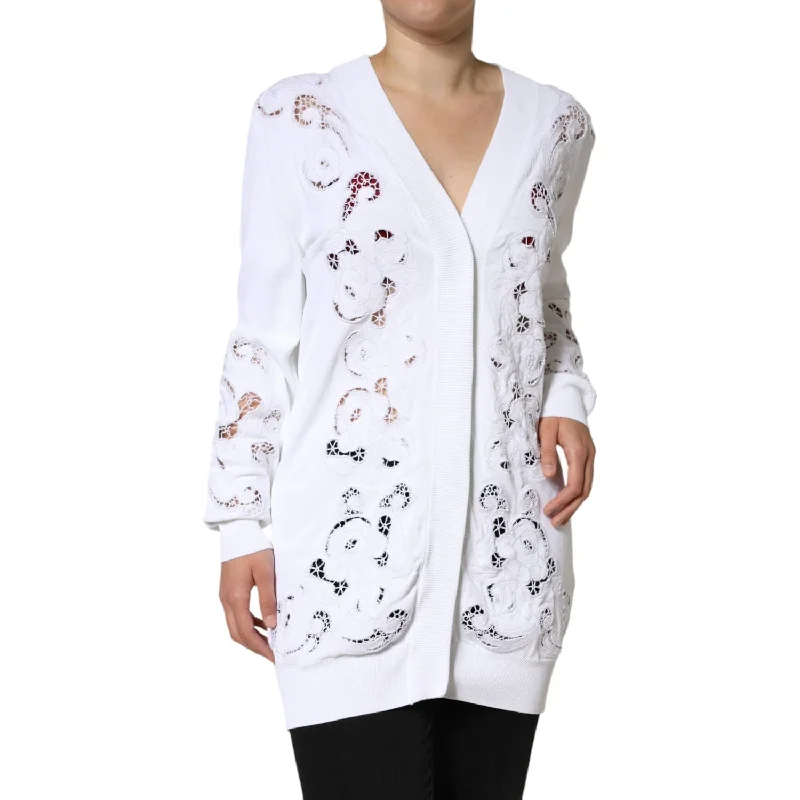 Dolce & Gabbana White Viscose Floral Cut Out Cardigan Sweater Chenille Blend Fleece Blend Nylon Blend Dolce & Gabbana White Viscose Floral Cut Out Cardigan Sweater Chenille Blend Fleece Blend Nylon Blend
