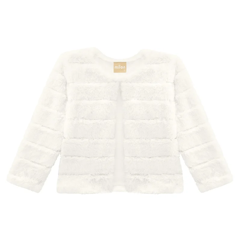 Girls Off White Faux Fur Coat Striped Polka Dot Solid