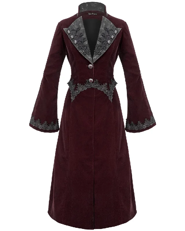 Devil Fashion Death Of Seasons Womens Long Gothic Coat - Red Velvet Chenille Brocade Lace